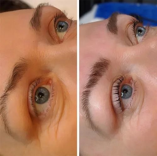 Before and after eyelash treatments comparison.