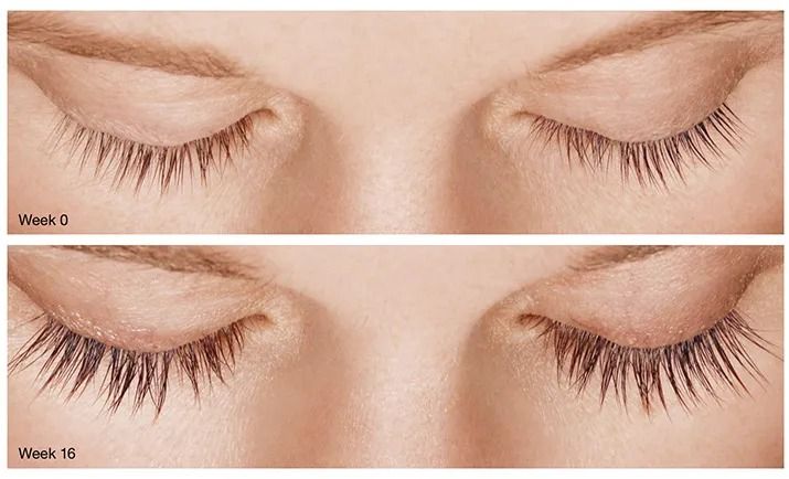 Lash growth comparison from weeks zero to sixteen.