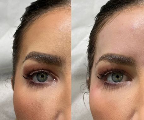 Before and after makeup transformation on model.